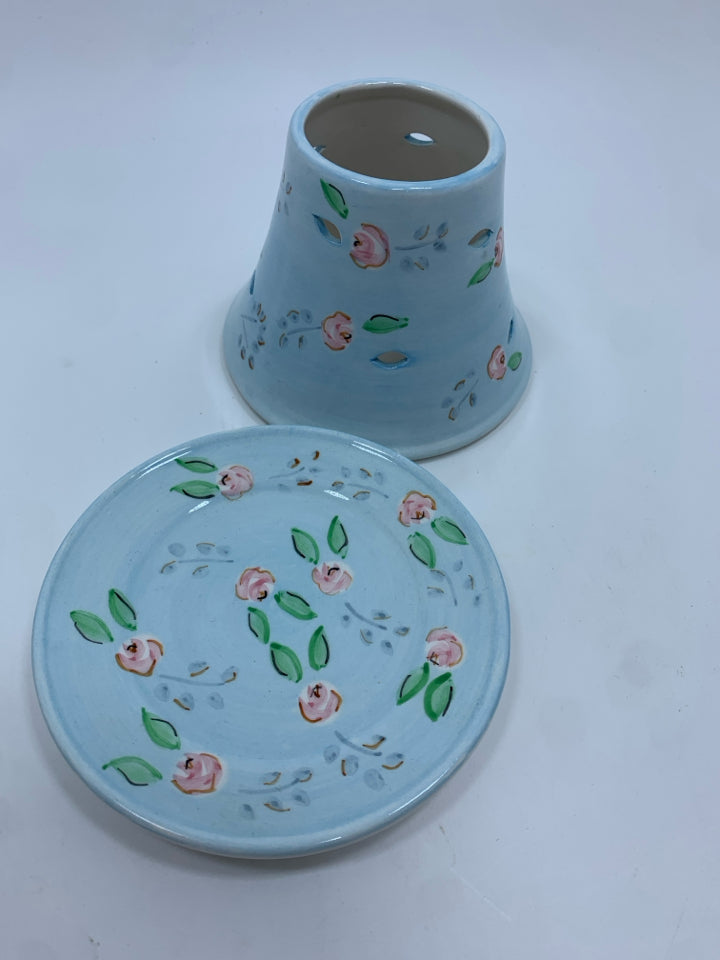 2PC "OUR AMERICA" BLUE FLORAL CANDLE PLATE & SHADE.
