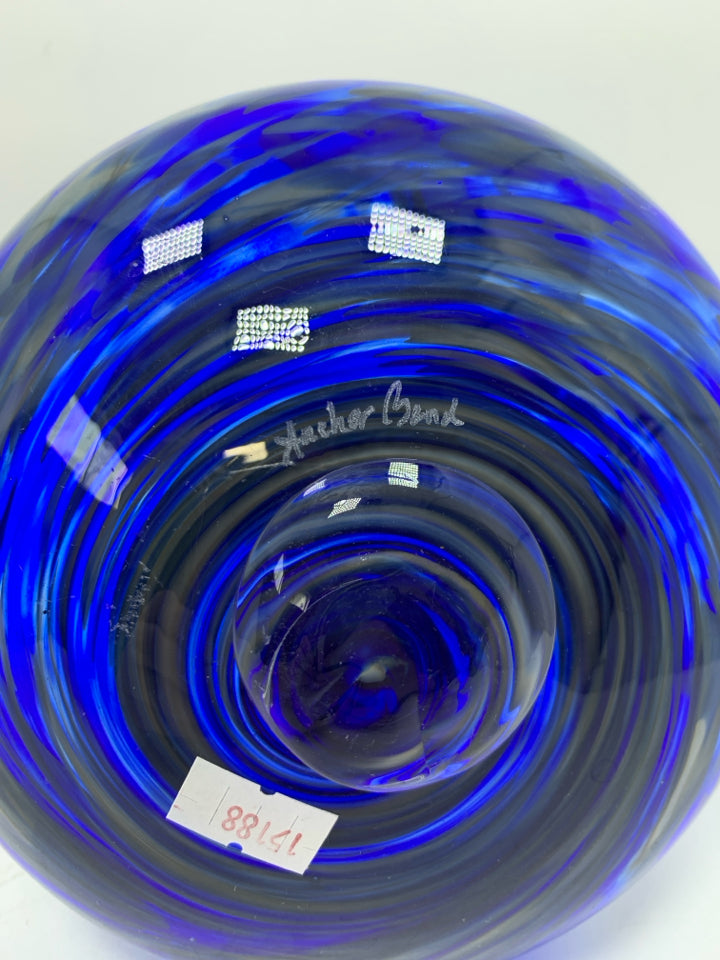 HAND BLOWN TIPSY DECANTER COBALT BLUE SPECKLES SIGNED BY ARTIST ANCHOR BEND.