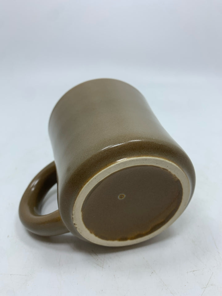 4 BROWN STONEWARE MUGS.