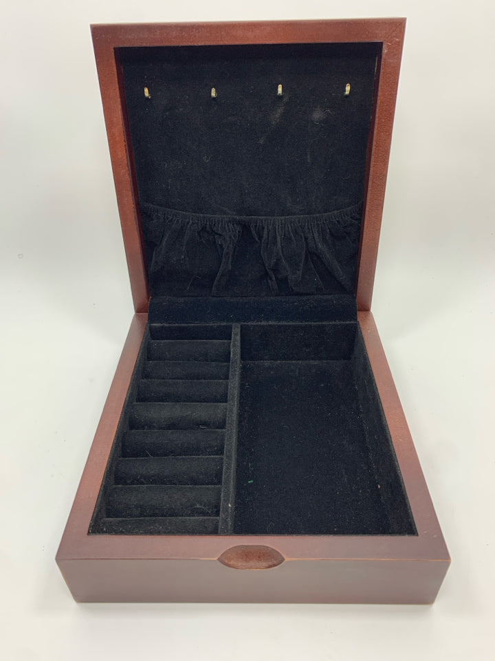 YELLOW FLORAL WOODEN JEWELRY BOX W/BLACK VELVET LINING.