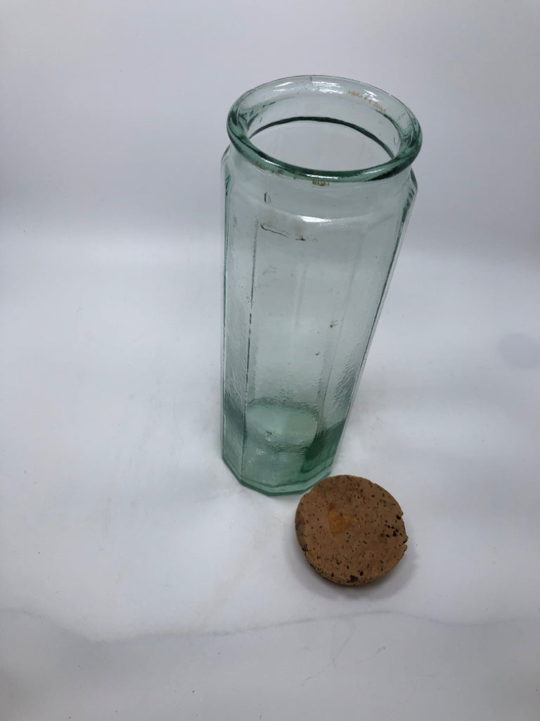 TALL GREEN GLASS CANISTER W/CORK LID.