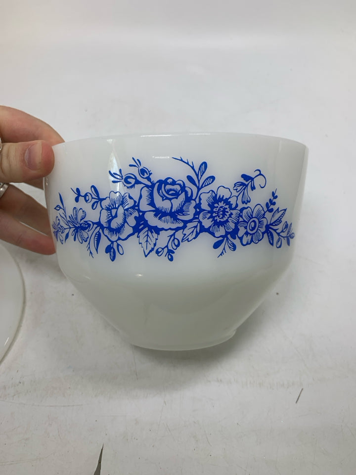 VTG MILK GLASS BLUE ROSES MIXING BOWL W/ LID.