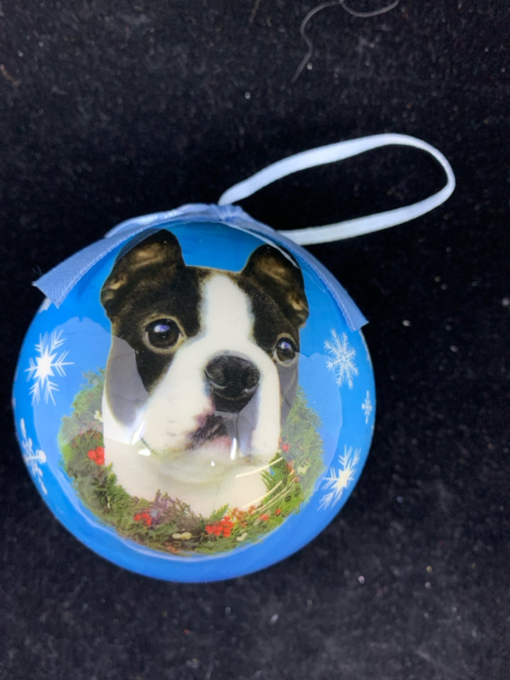 FRENCHIE ORNAMENT, BLUE BALL SNOWFLAKES.