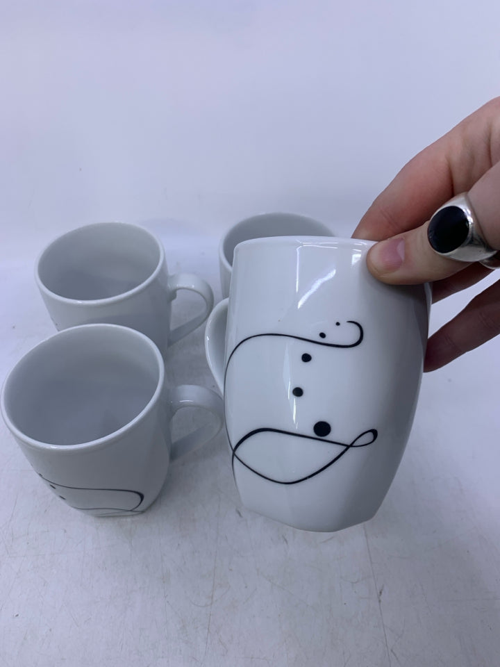 4 WHITE MUGS W/ BLACK DESIGNS.