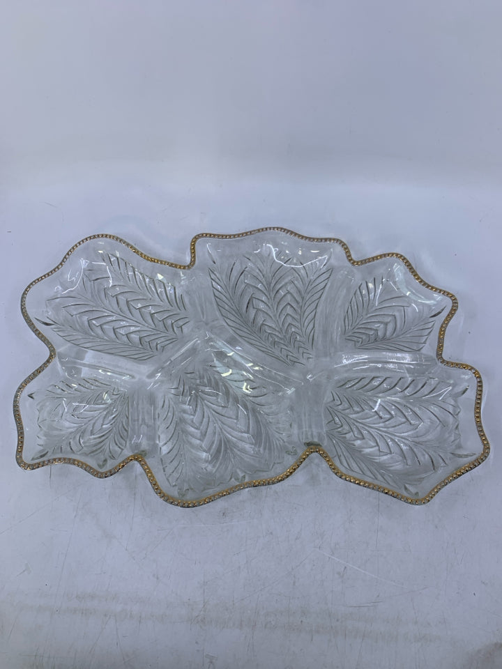 CLEAR GLASS W/ ETCHED LINES BEADED EDGE W/ GOLD.