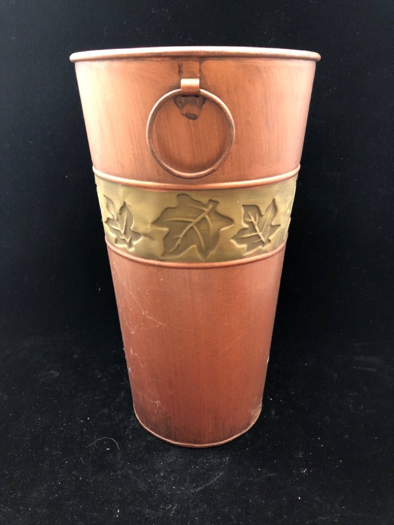 RED TIN FLOWER BUCKET W/EMBOSSED LEAVES.
