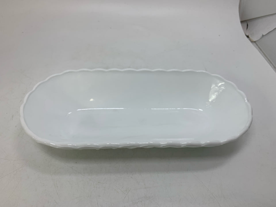 OVAL MILK GLASS BOWL SCALLOP EDGE BASKET WEAVE.