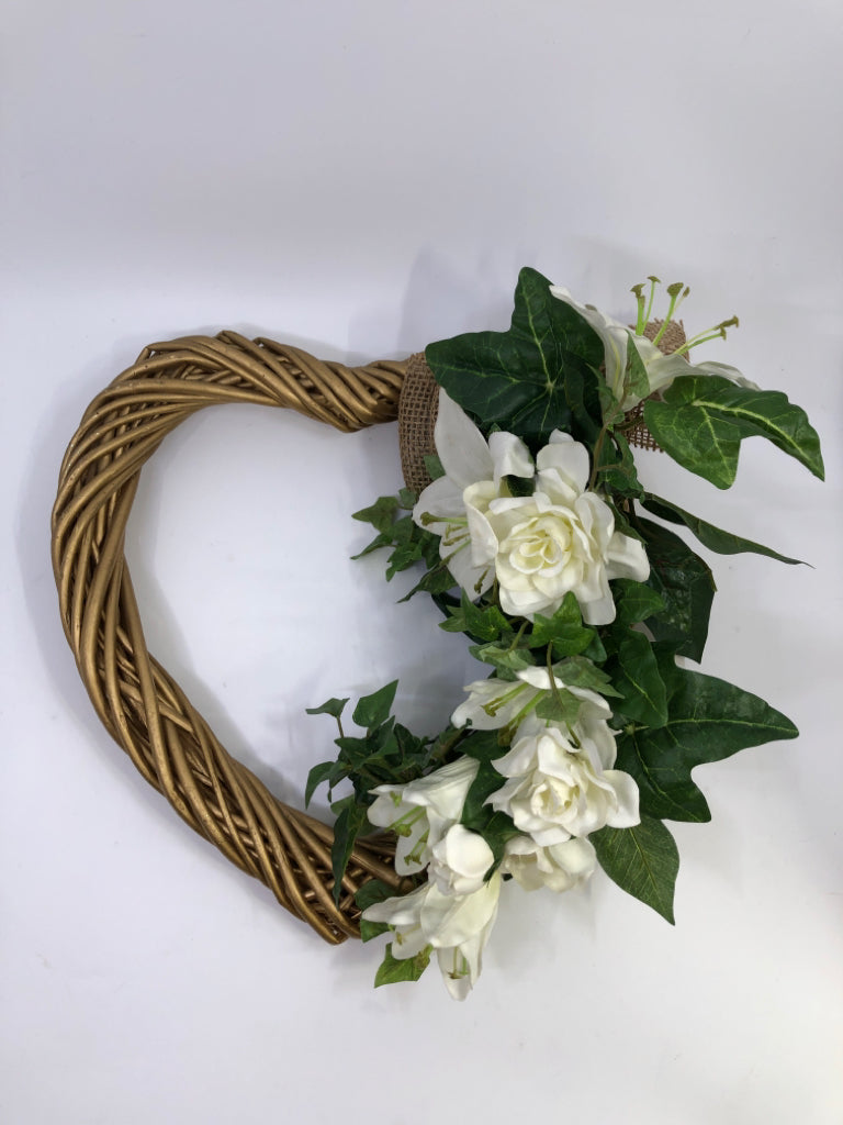 WOODEN HEART WREATH W/WHITE FLOWERS.