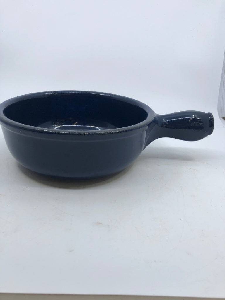 DARK BLUE POTTERY FONDUE SET + FORKS.