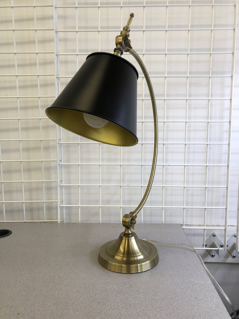 GOLD METAL DESK LAMP W/ BLACK METAL SHADE.