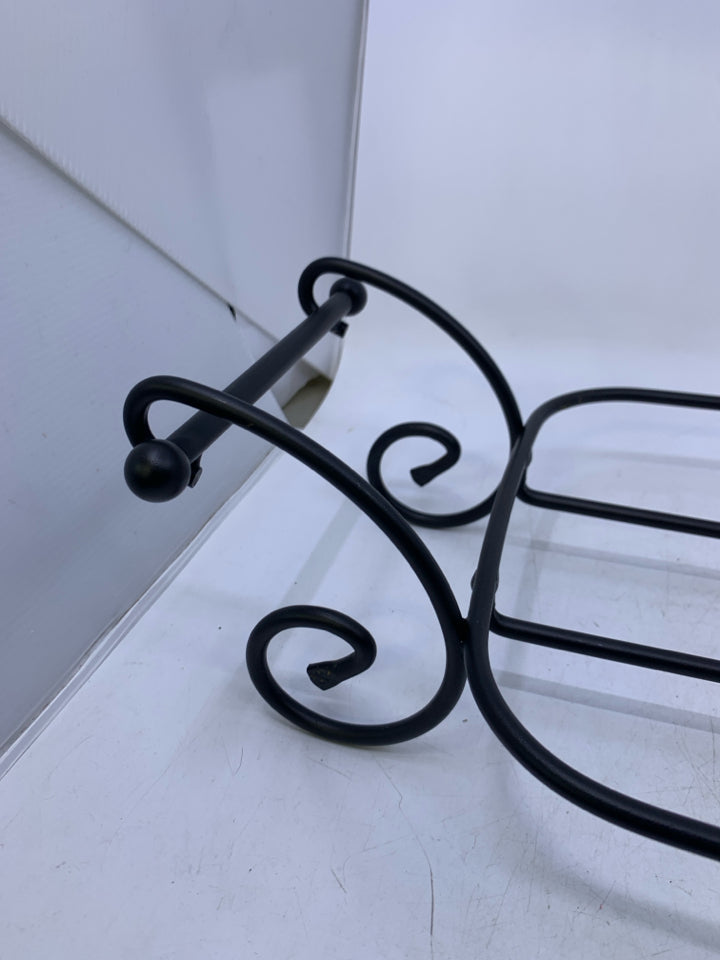 WROUGHT IRON RECTANGLE BASKET STAND W/ SCROLL HANDLES.