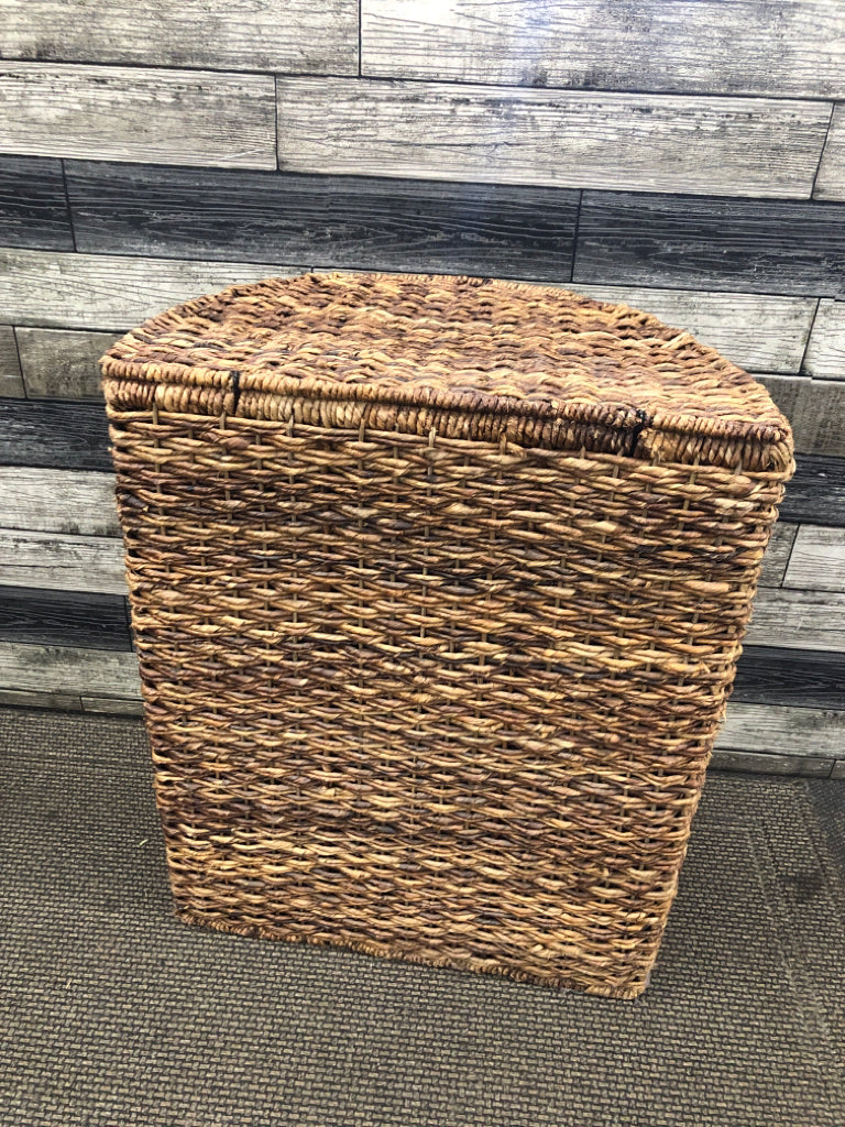 HALF-CIRCLE BROWN WICKER HAMPER.