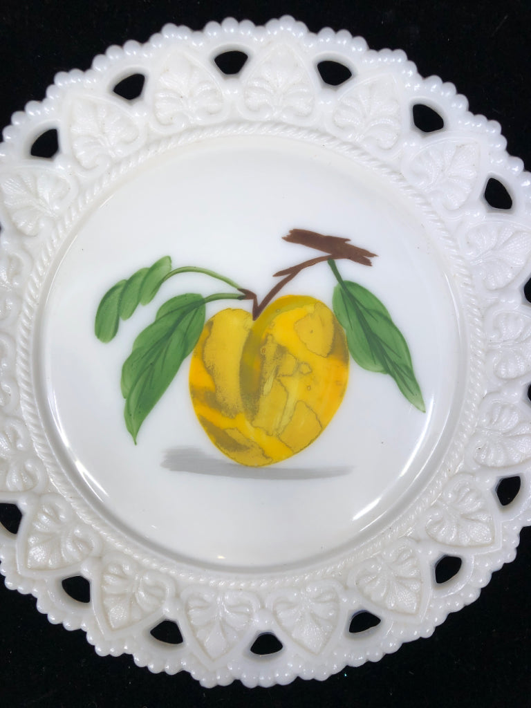 2PC MILKGLASS LACED EDGE PLATES W/PLUMS.