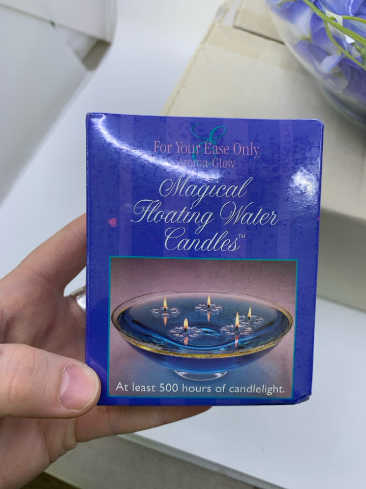 MAGICAL FLOATING WATER CANDLE SET W/ DECORATIVE BOWL AROMA GLOW MADE IN ENGLAND.