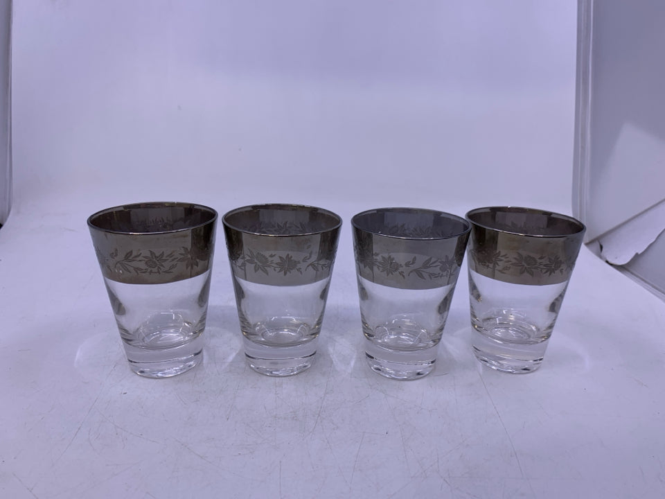 VTG 4 GLASS W/ SILVER BAND + FLOWERS.