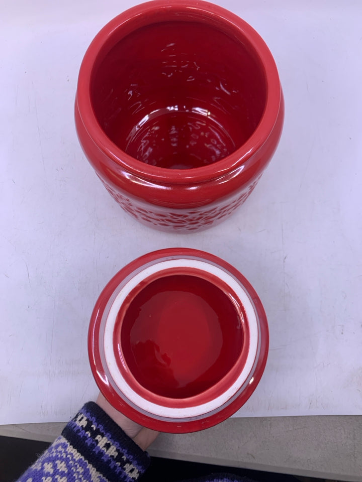 RED CANISTER W/ EMBOSSED SNOWFLAKES CRATE & BARREL.