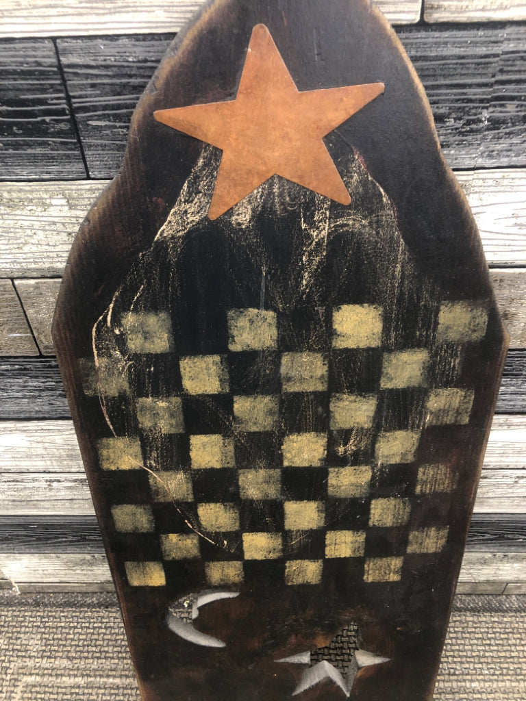 PRIMITIVE CHECKER BOARD HANGING W/CELESTIAL CUT-OUTS.