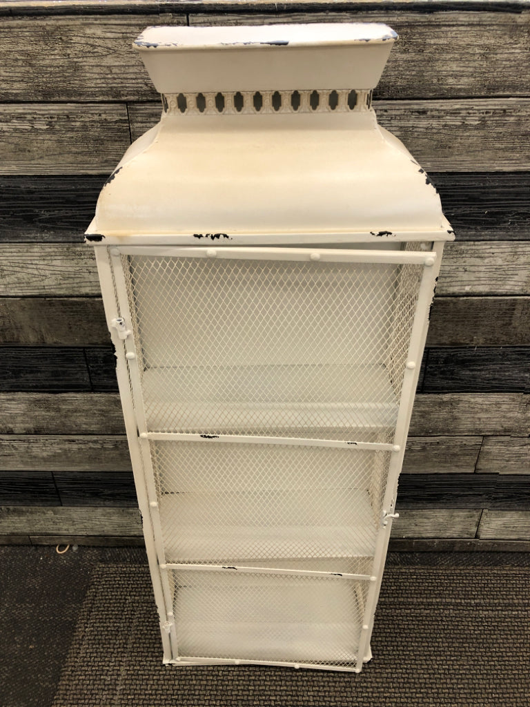 WHITE CHICKEN WIRE 3 TIER DISTRESSED SHELF.