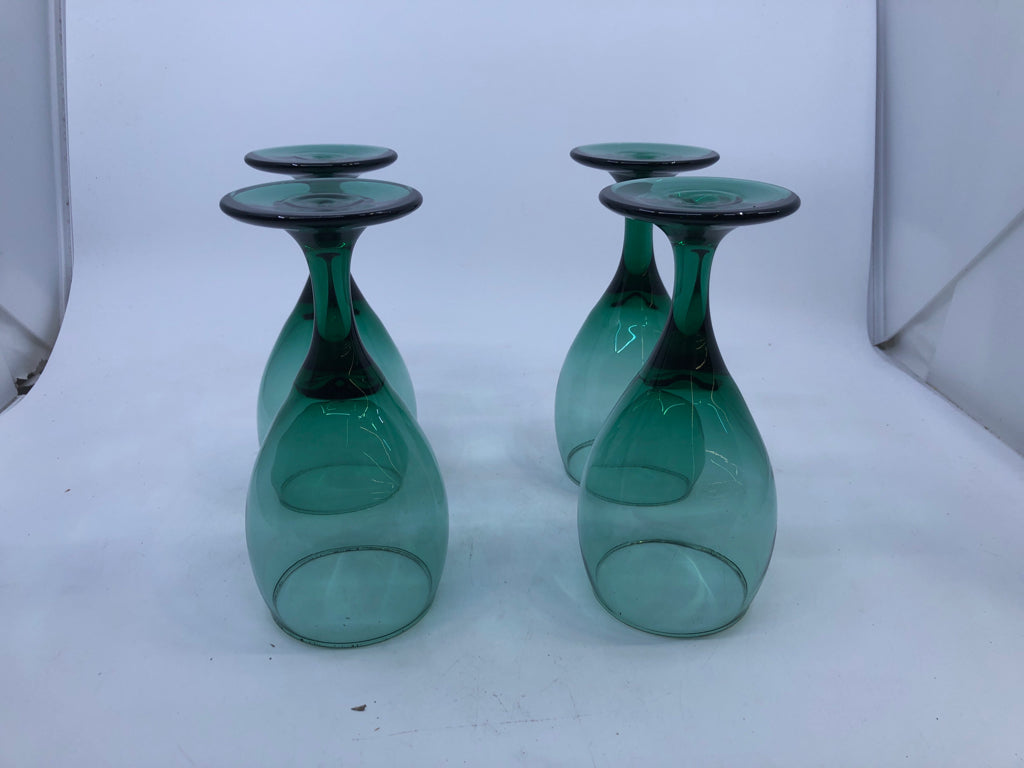 4 DARK GREEN WINE GLASSES GOLD RIM.