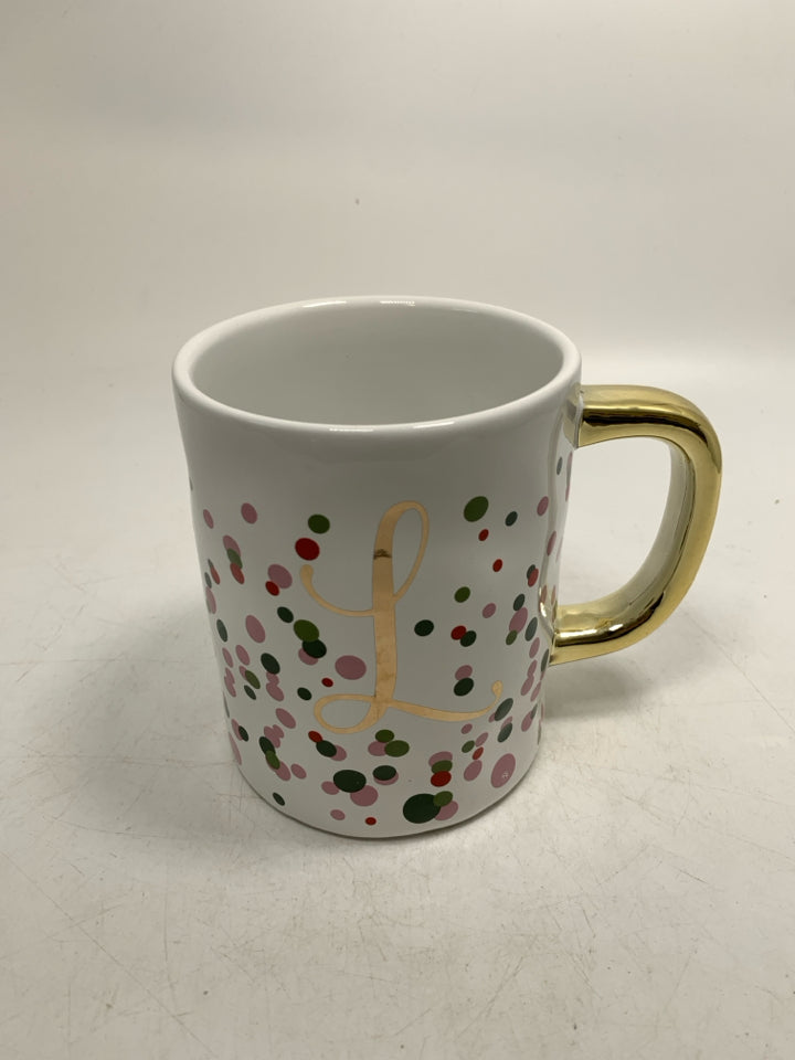 LARGE MONOGRAM L MUG W/ COLORED POLKA DOTS.
