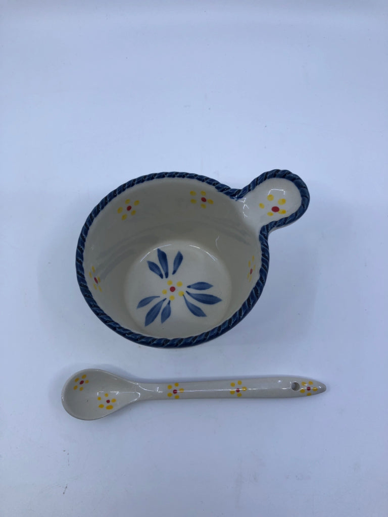 PETITE SERVING BOWL WITH SPOON CREAM,BLUE,YELLOW FLOWERS.
