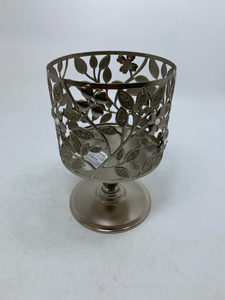 FOOTED SILVER METAL CANDLE CAGE.