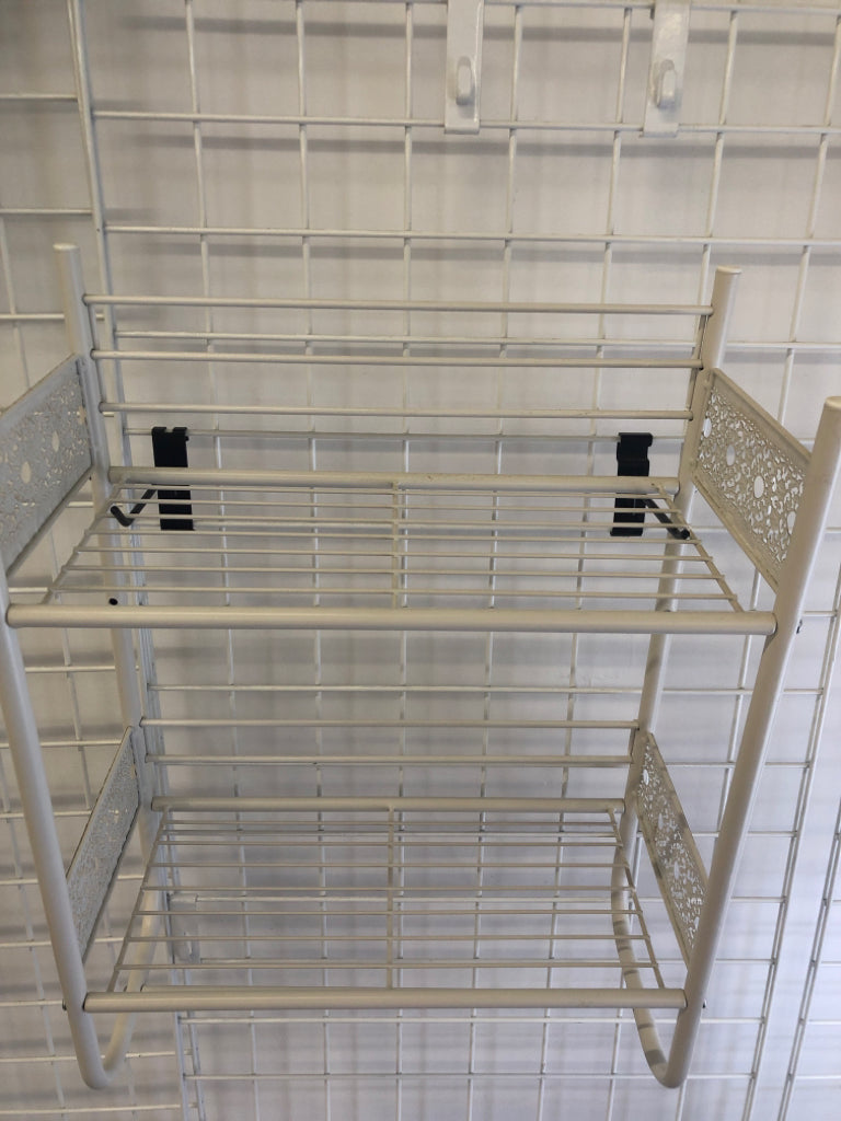 WHITE METAL 2 TIER SHELF W/ LACE DETAIL SIDES/ TOWEL RACK.