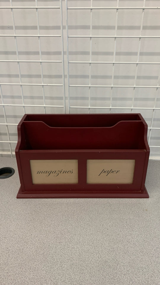 BURGUNDY WOODEN MAGAZINE/PAPER ORGANIZER.