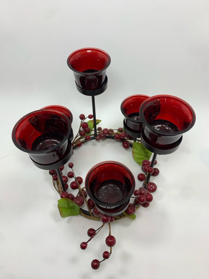 6 TEA LIGHT CRANBERRY DESIGN CENTERPIECE.