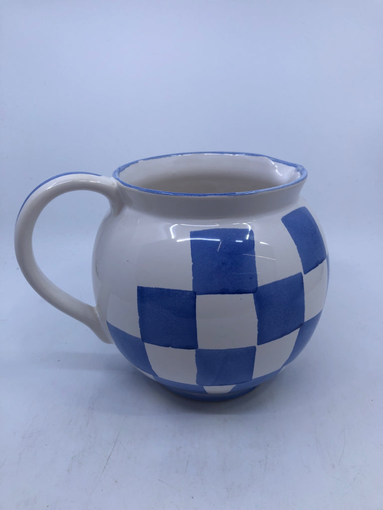 BLUE, WHITE CHECKERED CERAMIC PITCHER.