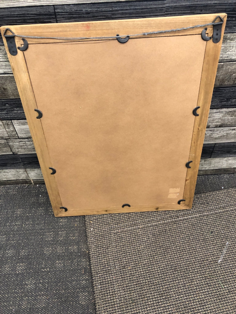 ORANGE AND FLOWER PRINT IN UNFINISHED WOOD FRAME.