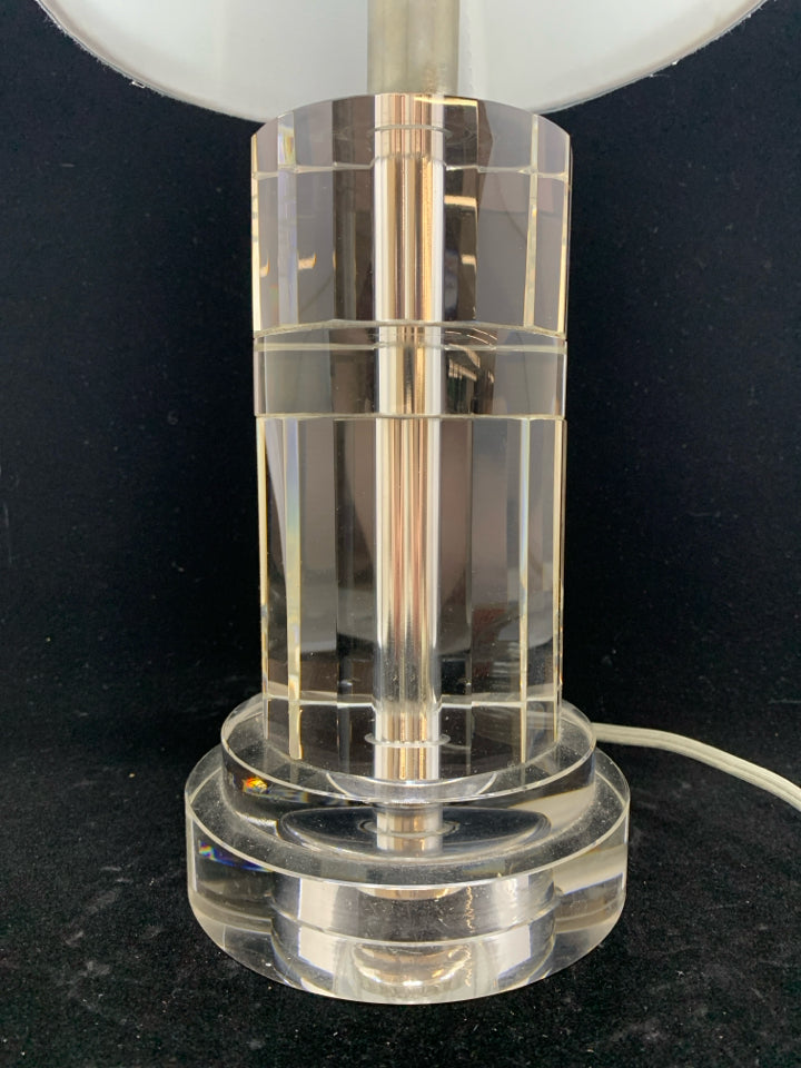 HEAVY GLASS LAMP W/BLUE SHADE.