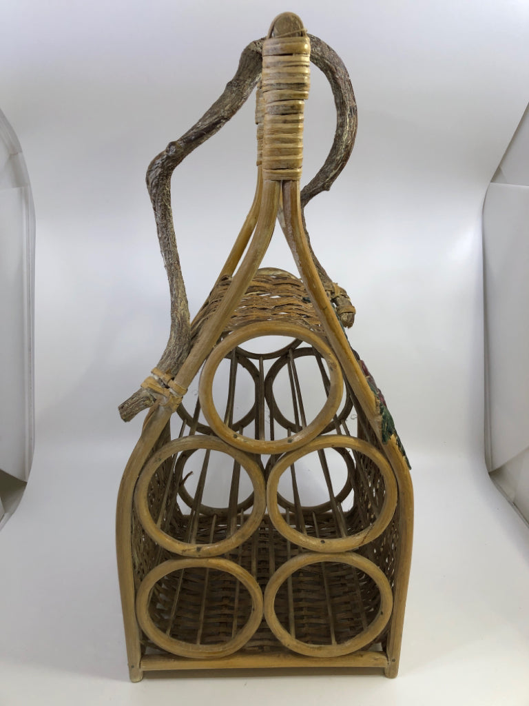 BASKET WEAVE WINE RACK W/GRAPE VINE DETAIL.