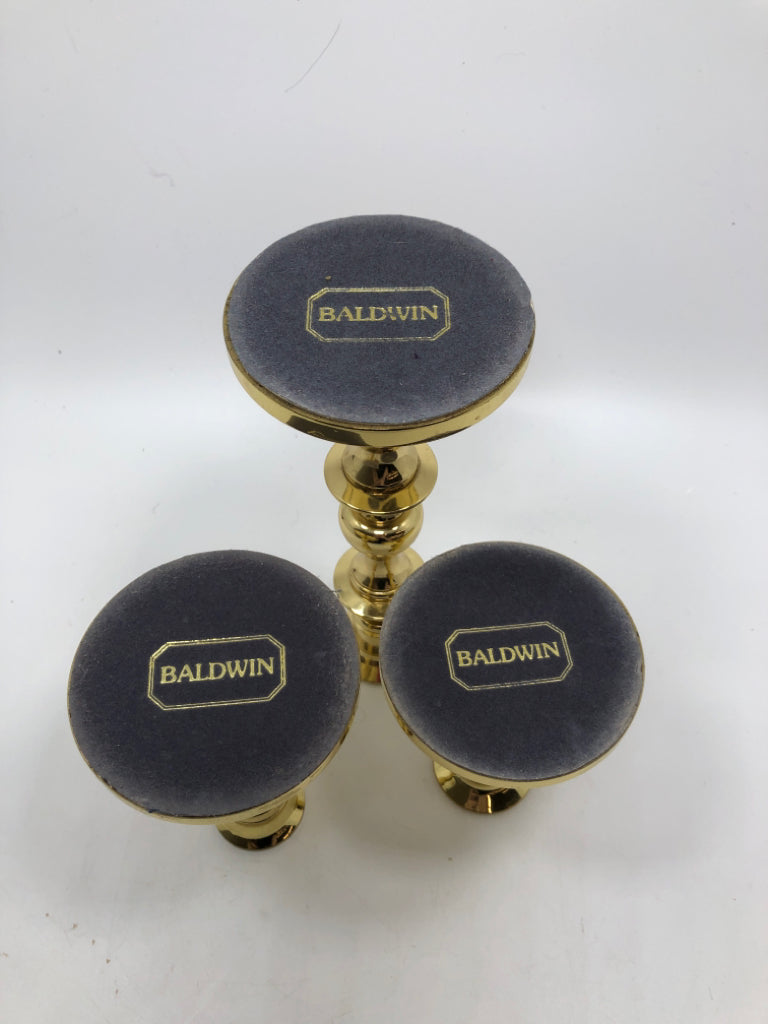 3PC BALDWIN POLISHED BRASS TAPER CANDLE HOLDERS.