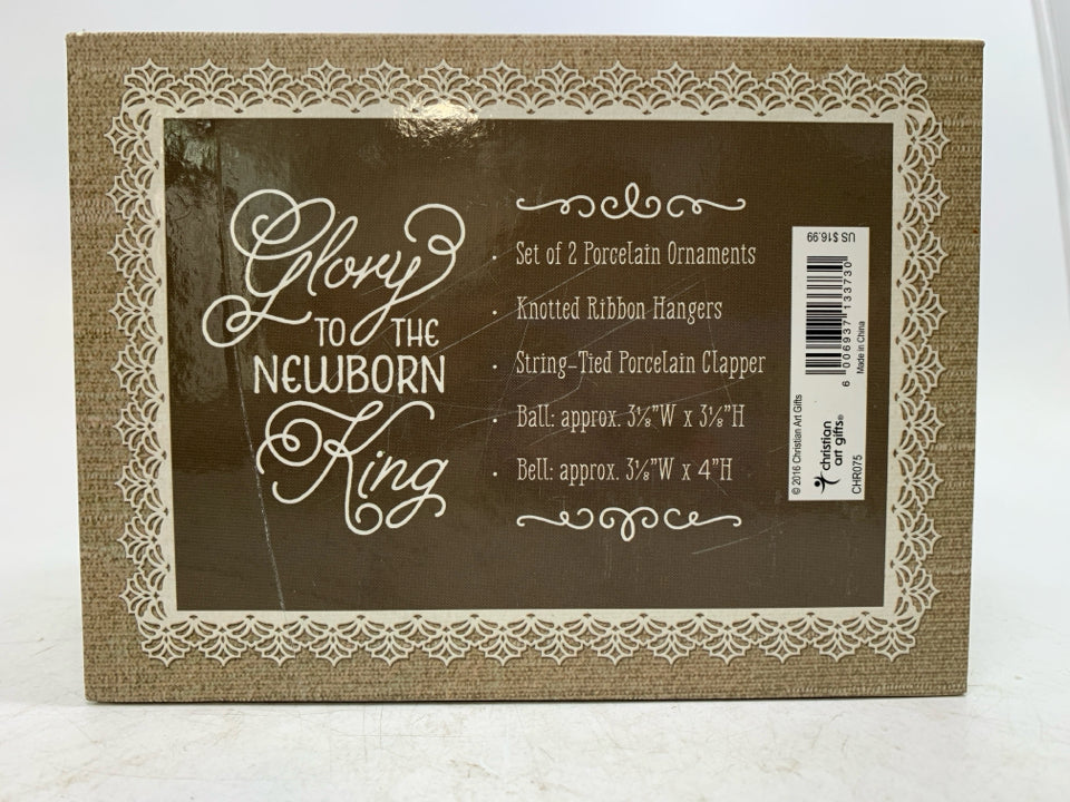 IN BOX 2 WHITE GLORY TO THE NEWBORN KING ORNAMENTS.