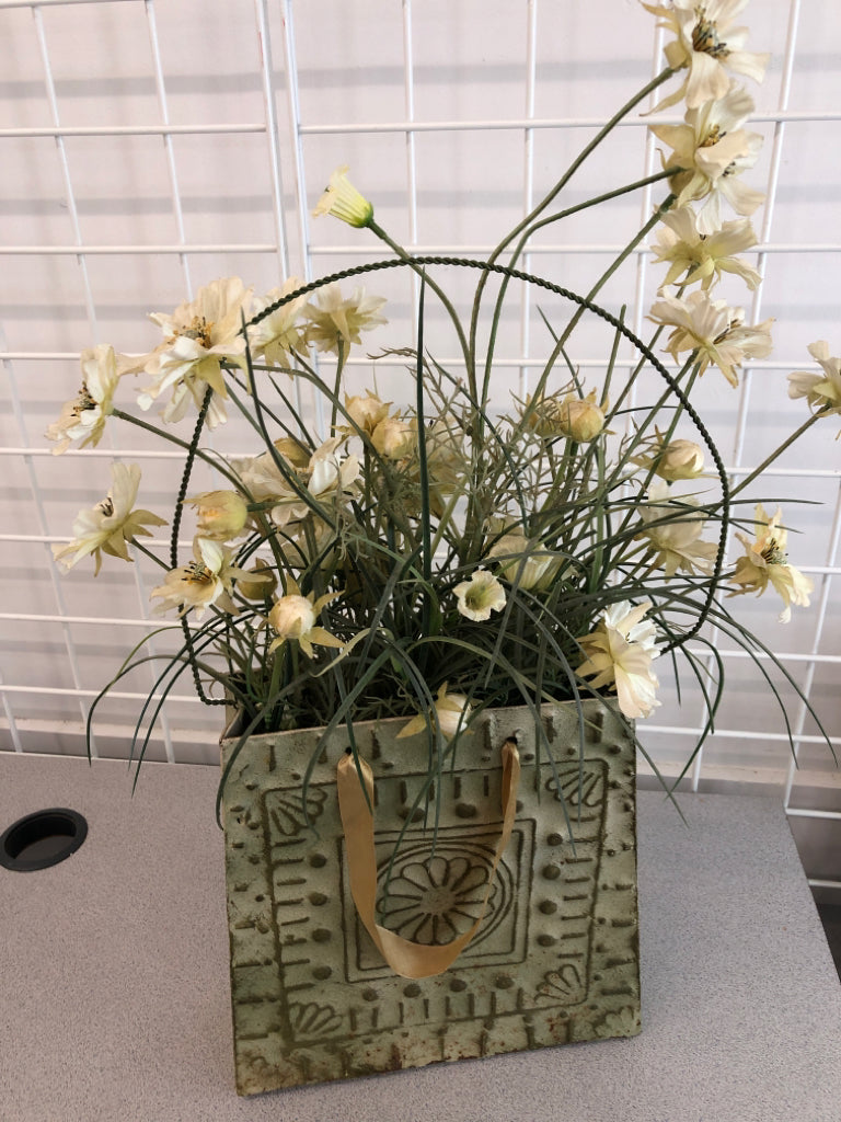 METAL BAG VASE W/WHITE FLORALS.