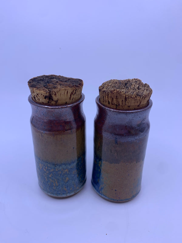 2 POTTERY JARS WITH CORK LIDS-BROWN/TEAL/GOLD.