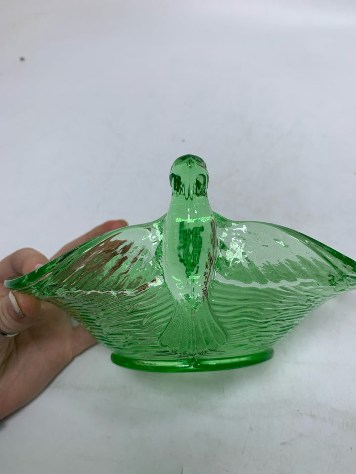 VTG DEPRESSION GLASS BIRD HANDLES BOWL.