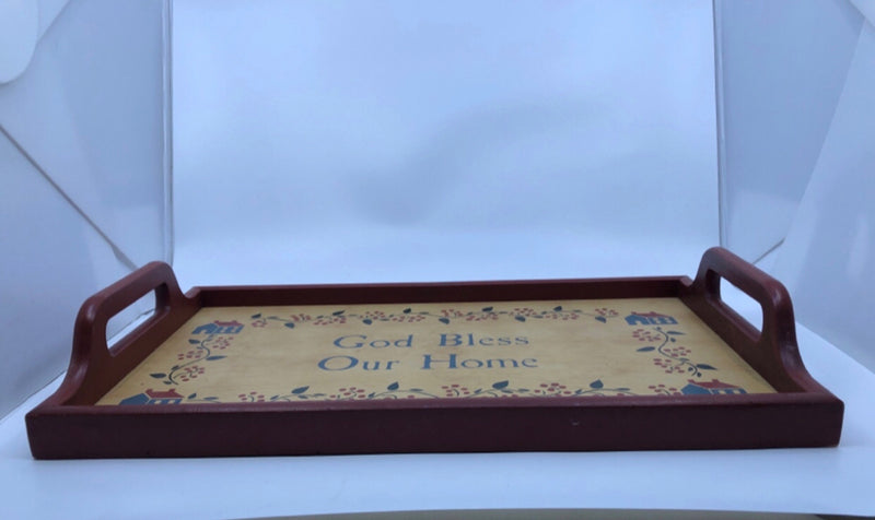 "GOD BLESS OUR HOME" RED WOOD TRAY W/ HANDLES.