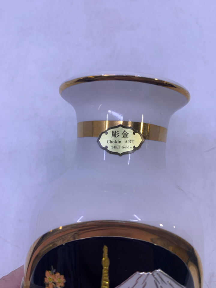 CERAMIC VASE W/ METALLIC BUILDING/ CHERRY BLOSSOMS.