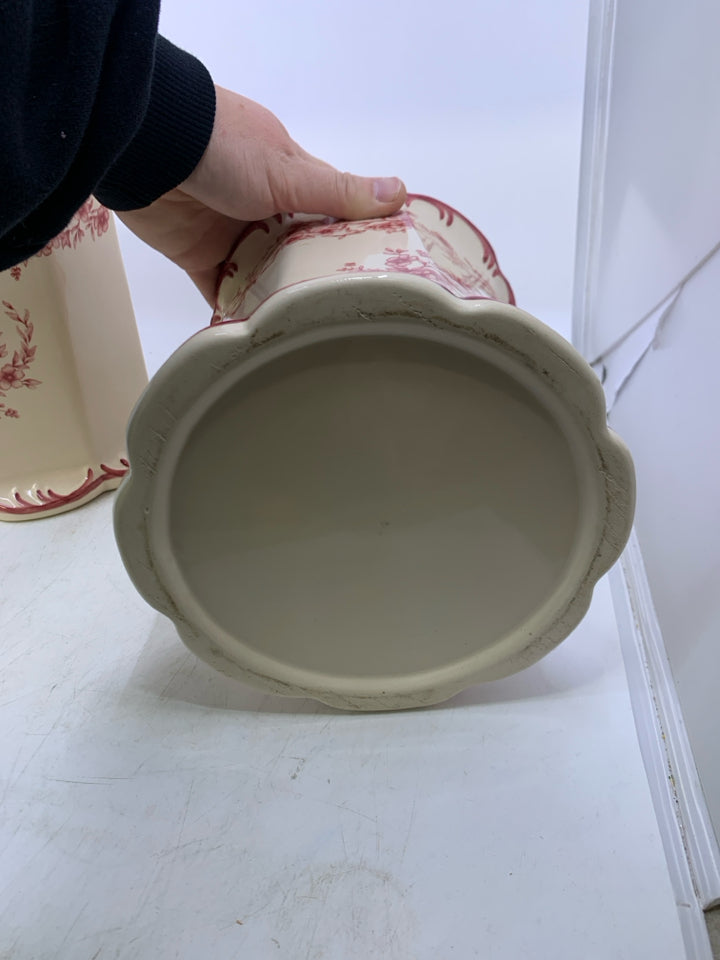 2 IVORY & RED FLORAL CANISTERS.
