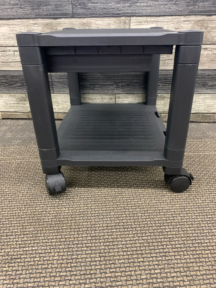 BLACK PLASTIC 2 TIER ROLLING CART W/ SMALL DRAWER.