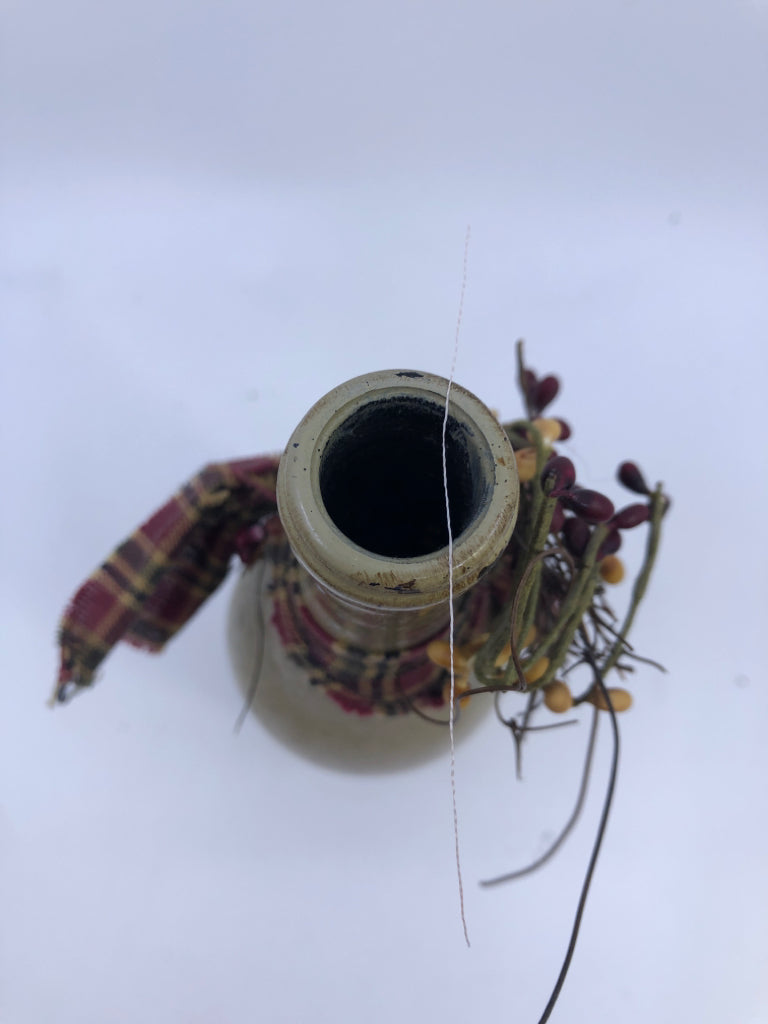 TALL PRIMITIVE BOTTLE W HEART AND PIP BERRIES.