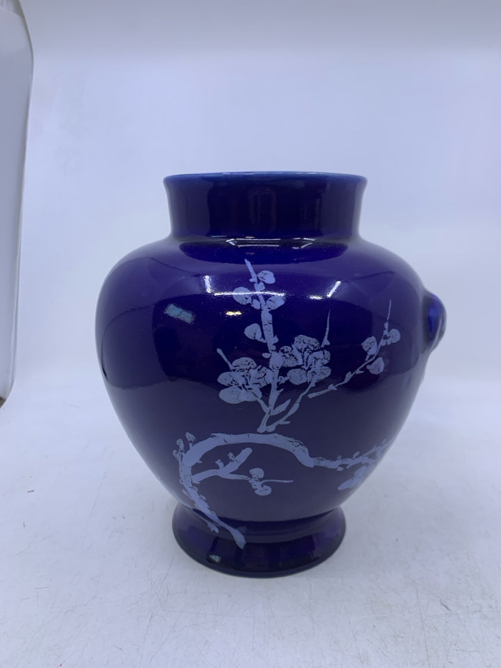 FOOTED COBALT BLUE VASE W/ WHITE CHERRY BLOSSOM BRANCH.