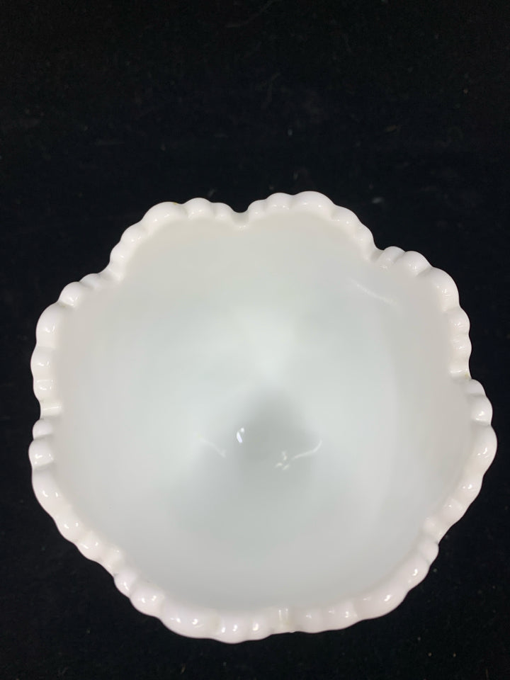 VTG TRI-FOOTED MILK GLASS VASE/ CANDLE HOLDER.