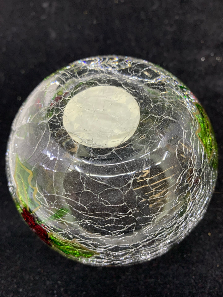 2 CLEAR CRACKLE GLASS VOTIVE CANDLE HOLDERS HOLLY AND RIBBON.