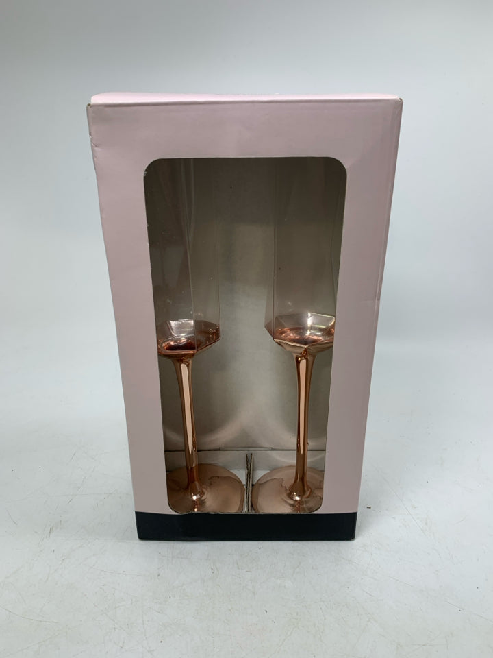 NIB 2 ROSE GOLD STEM GEOMETRIC CHAMPAGNE FLUTES.