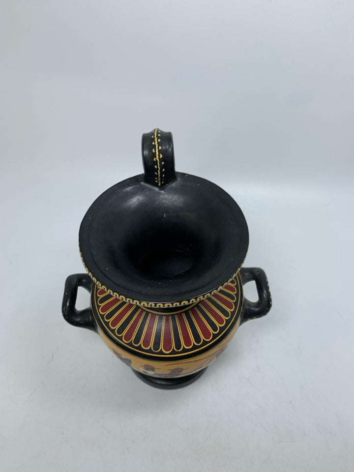 FOOTED GREEK STYLE REPRODUCTION VASE TRIPLE HANDLE.