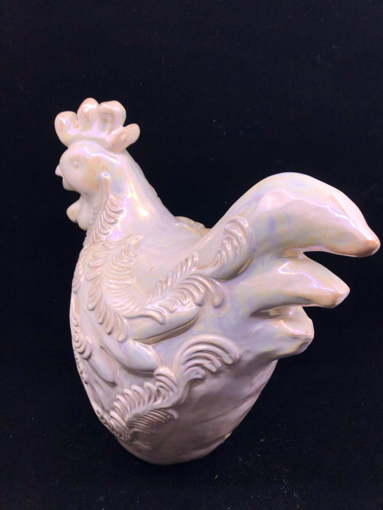 TALL WHITE IRIDESCENT ROOSTER.