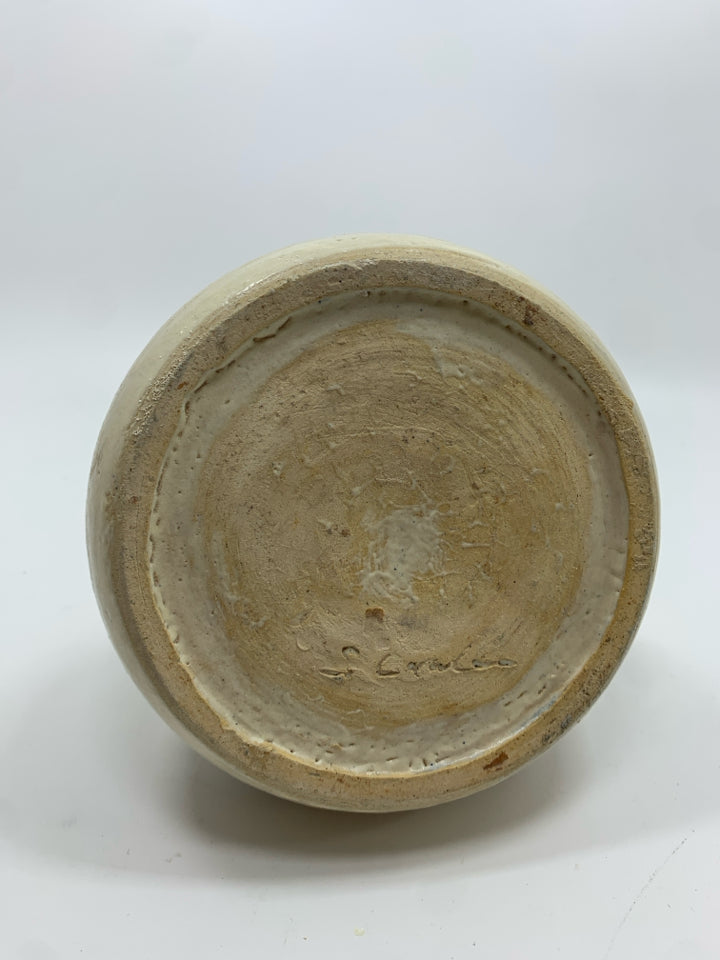 POTTERY VASE W/BROWN+GREEN LINES DESIGN.